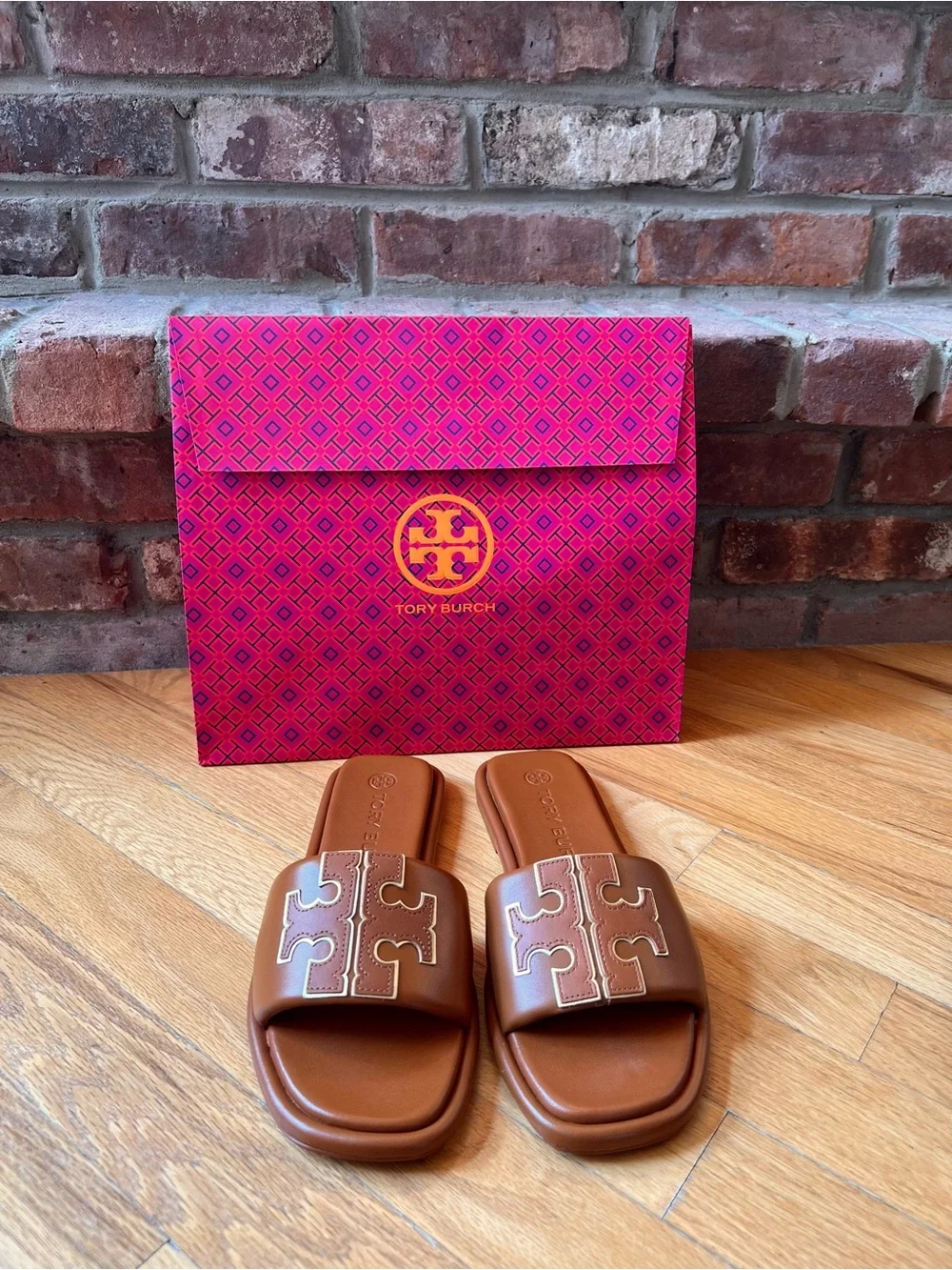 Tory Burch Tan Miele & Gold Leather Double T Sport Slide Sandals